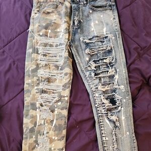 Men's Distressed Camouflage and Denim Skinny Jeans